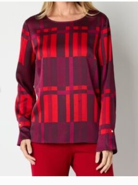 Liz Claiborne Red and Burgundy Plaid Long Sleeve Top Size 1X